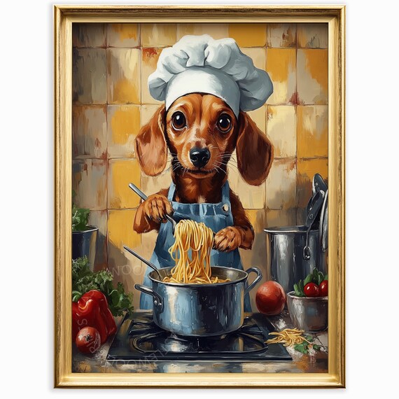 Rustic Dachshund Chef In Kitchen Painting Cute Canine Wall Art Cozy Farmhouse Decor Adorable Dog Cooking Scene 195