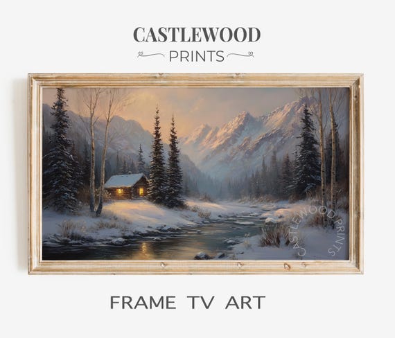 Winter Cabin By Stream Frame Tv Art Rustic Mountain Scene For Snowy Landscape Wall Decor Cottage 60