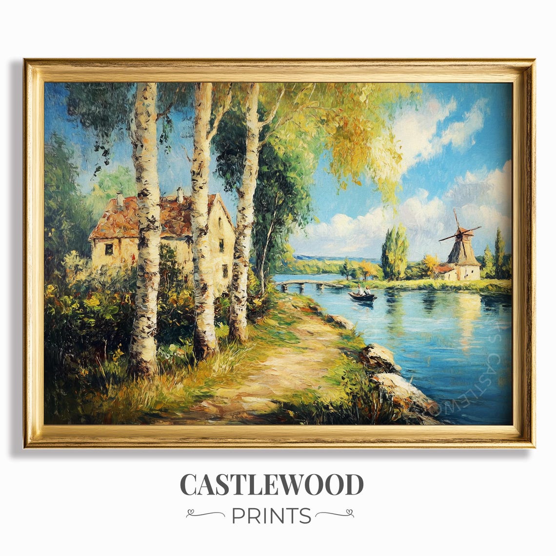 Riverside Cottage Among Birch Trees by a Windmill River Poster