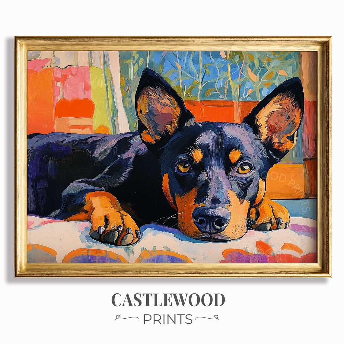 Vibrant Black and Tan Dog Portrait Colorful Modern Fine Art Poster