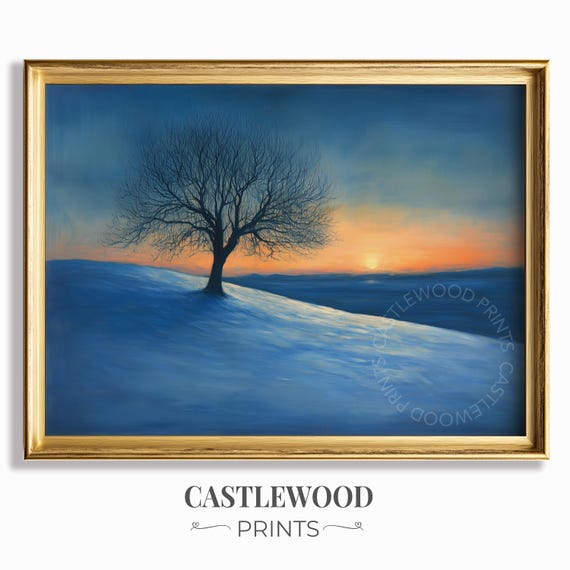 Winter Sunset Landscape Solitary Tree On A Snowy Hill Tranquil Scene Rustic Wall Art Decor Oil Painting 281