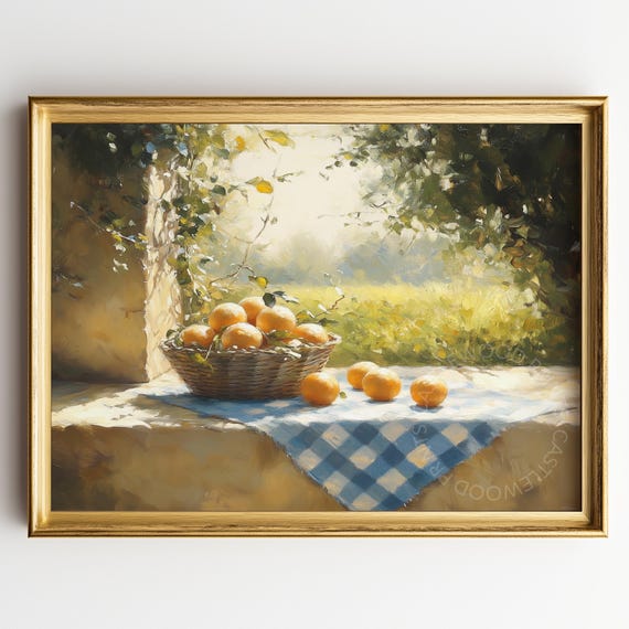 Rustic Summer Citrus Basket Of Oranges On Gingham Country Farmhouse Kitchen Art Vintage Still Life Painting Wall Decor 413
