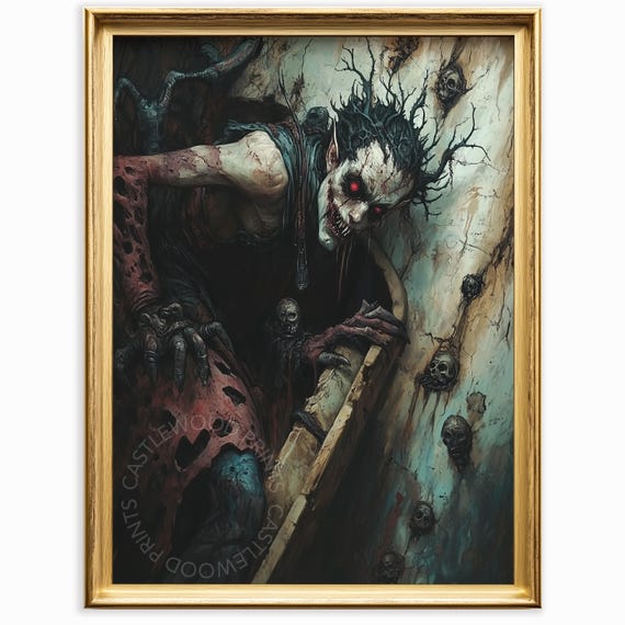 Haunting Gothic Portrait Painting Dark Atmospheric Art Spooky Detailed Face Halloween Wall Decor Unique Print 1060