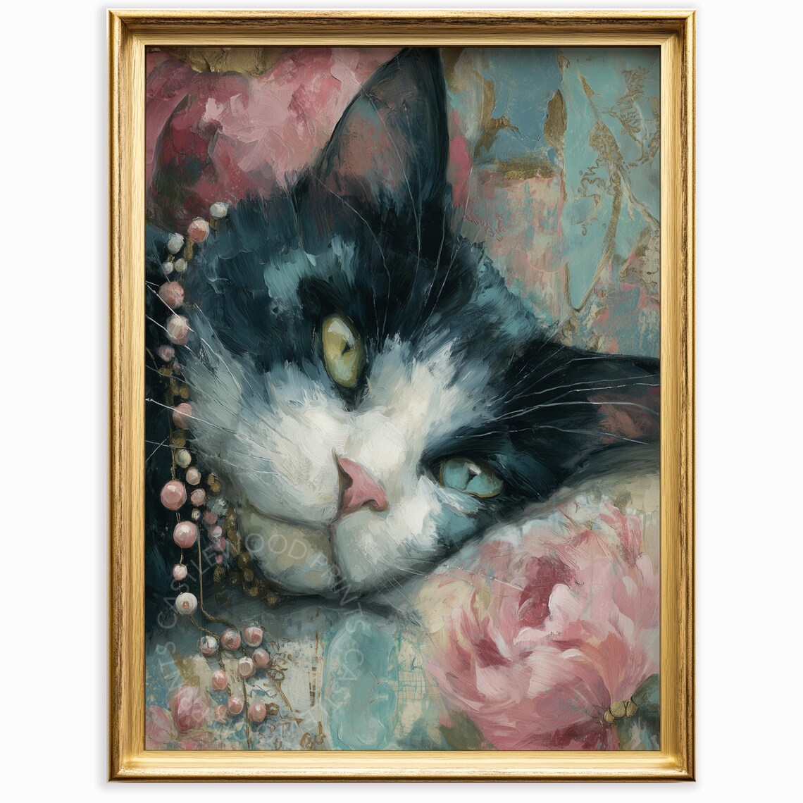 Black And White Cat Close Up With Pearls And Pink Peonies Floral Poster