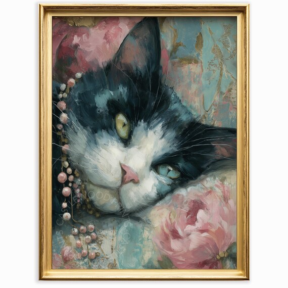 Black And White Cat Close Up With Pearls And Pink Peonies Floral Poster