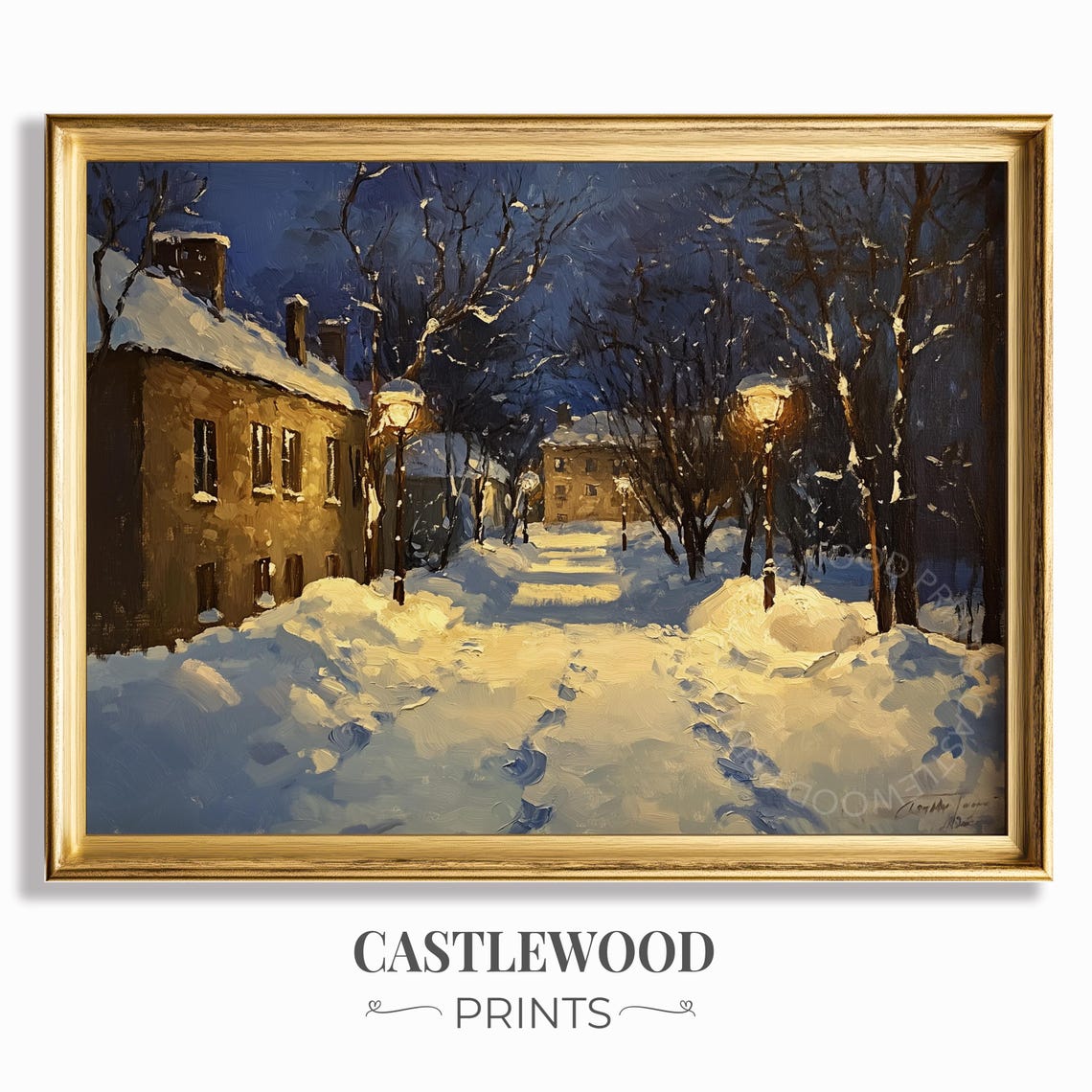 Snowy Courtyard At Night With Glowing Lampposts Winter Painting Poster