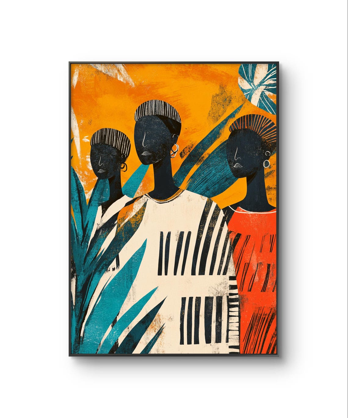 Three Stylized African Figures Orange Sun And Teal Leaves Modern Print