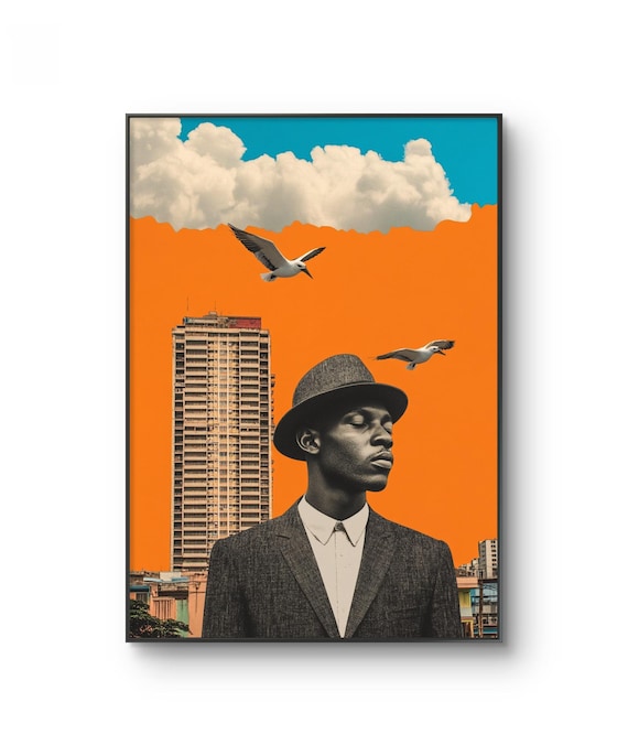 Surreal Collage Man In Fedora With Seagulls And Tower Accra Ghana Print