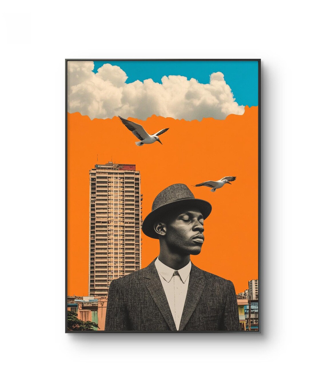 Surreal Collage Man In Fedora With Seagulls And Tower Accra Ghana Print