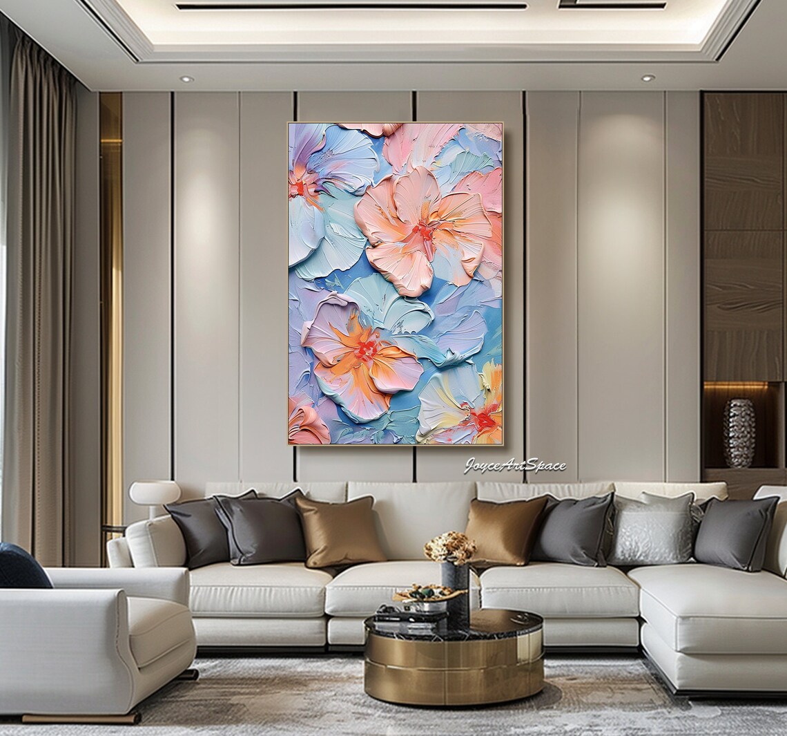 Pastel Soft Hibiscus Flowers 3D Impasto Abstract Floral Wall Art - Image 3