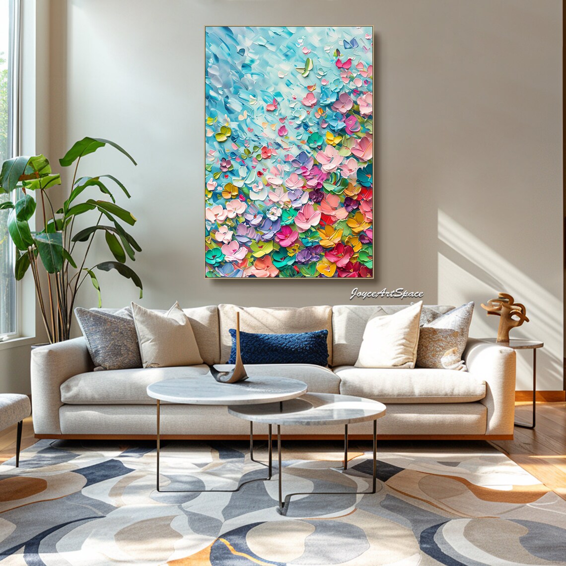 Rainbow Petal Burst Blue Textured 3D Floral Abstract Oil Poster - Image 3