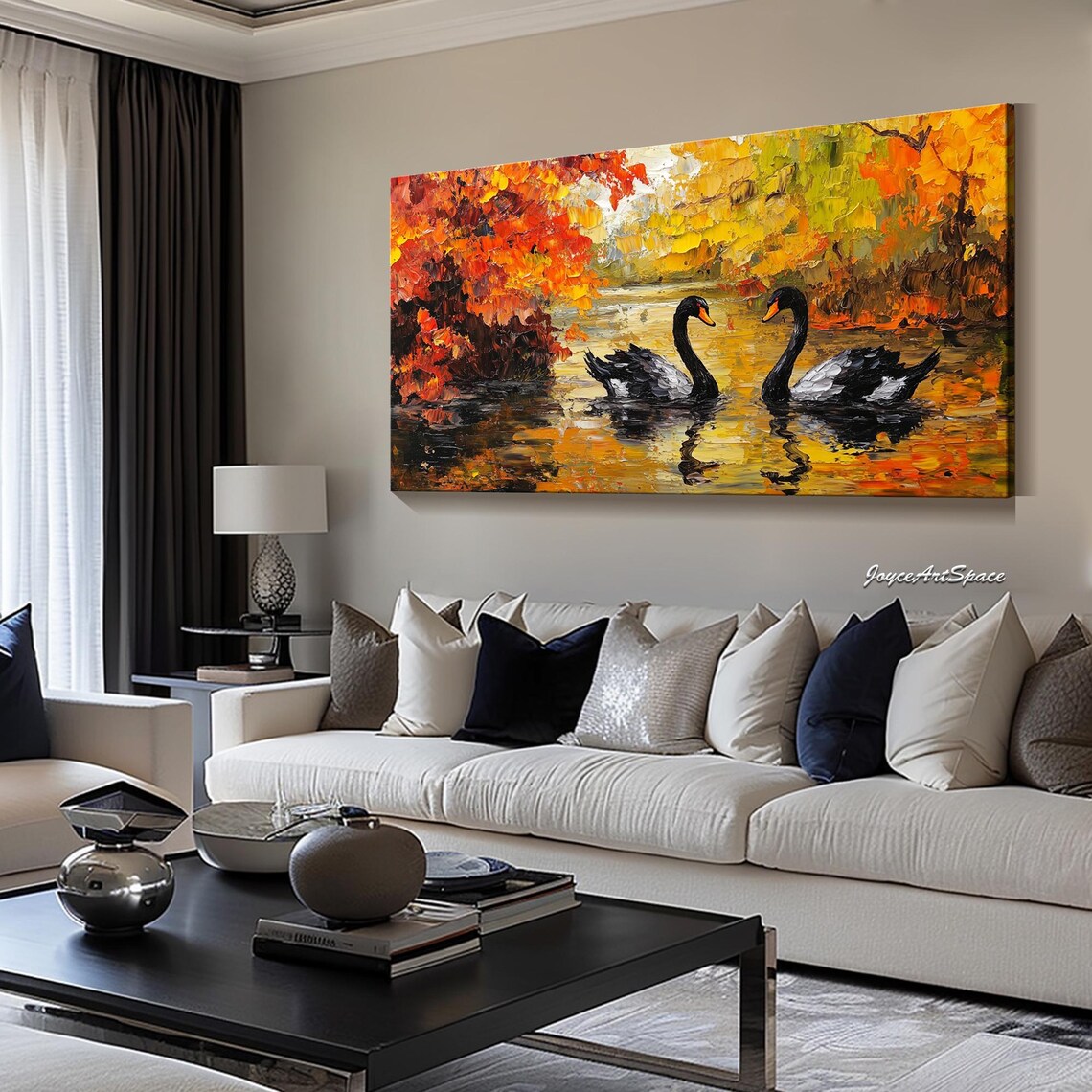 Two Black Swans Autumn Lake Fiery Foliage 3D Impasto Wall Art - Image 3