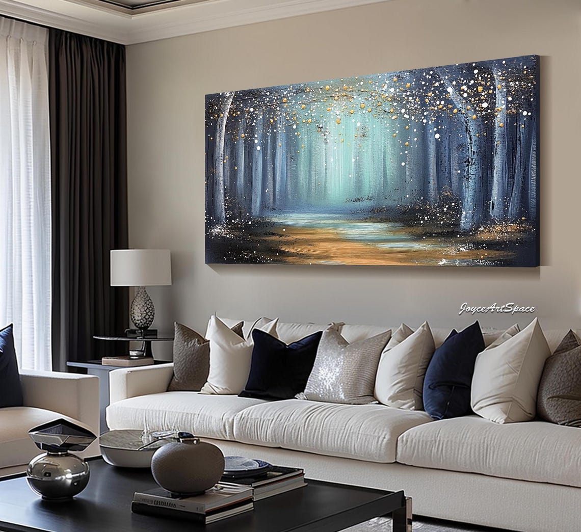 Starry Blue Forest Night Gold Dots Textured 3D Landscape Oil Poster - Image 3
