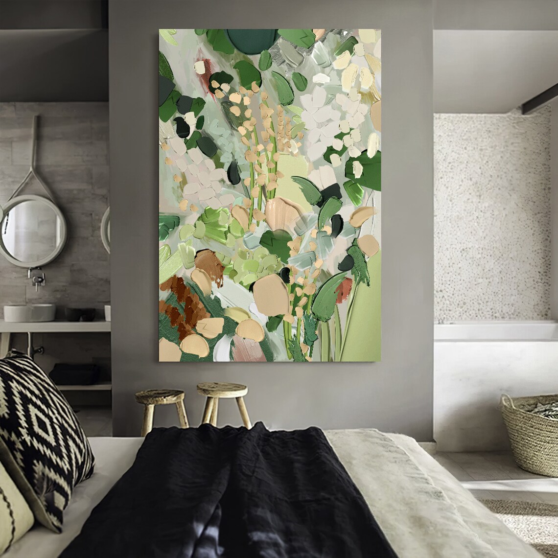 Sage Green Botanical Leaves Cream Minimalist 3D Textured Wall Art - Image 2