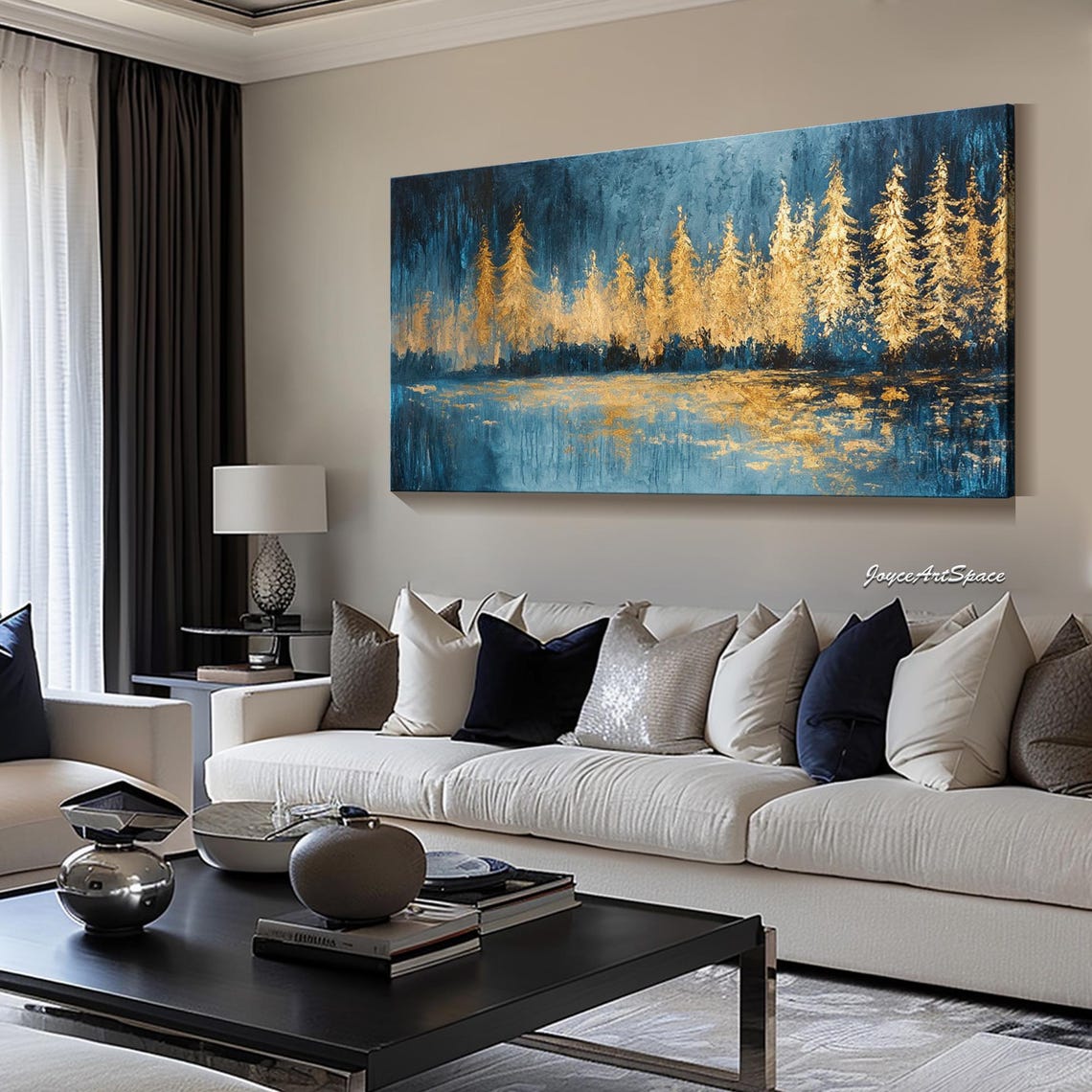 Golden Pine Trees Blue Night Reflection 3D Textured Wall Art - Image 5