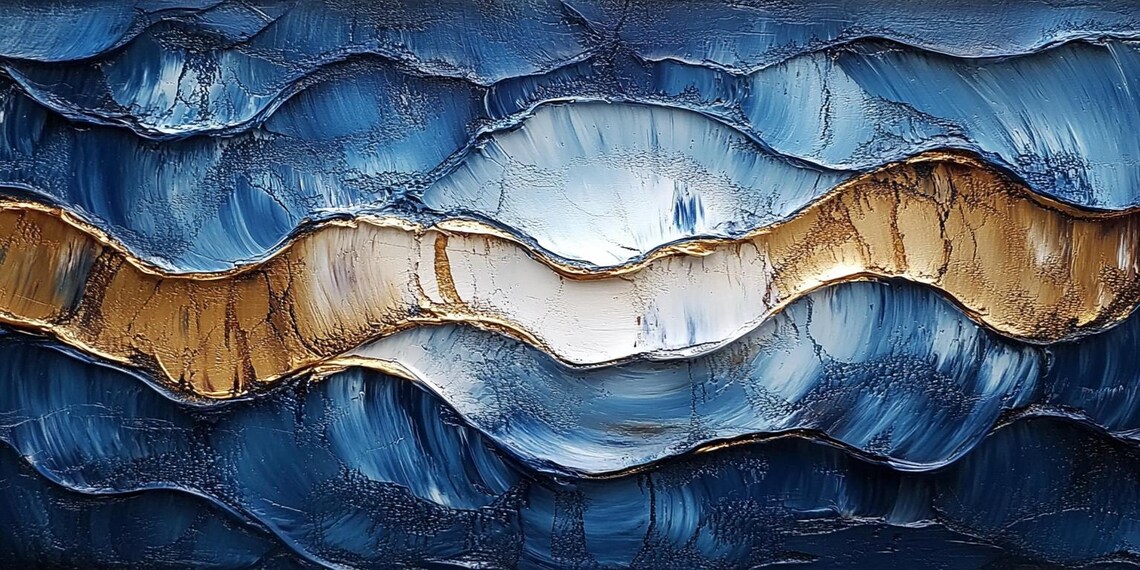 Navy Blue Gold Abstract Wave Impasto Oil Painting Luxury Ocean Wall Art - Image 2