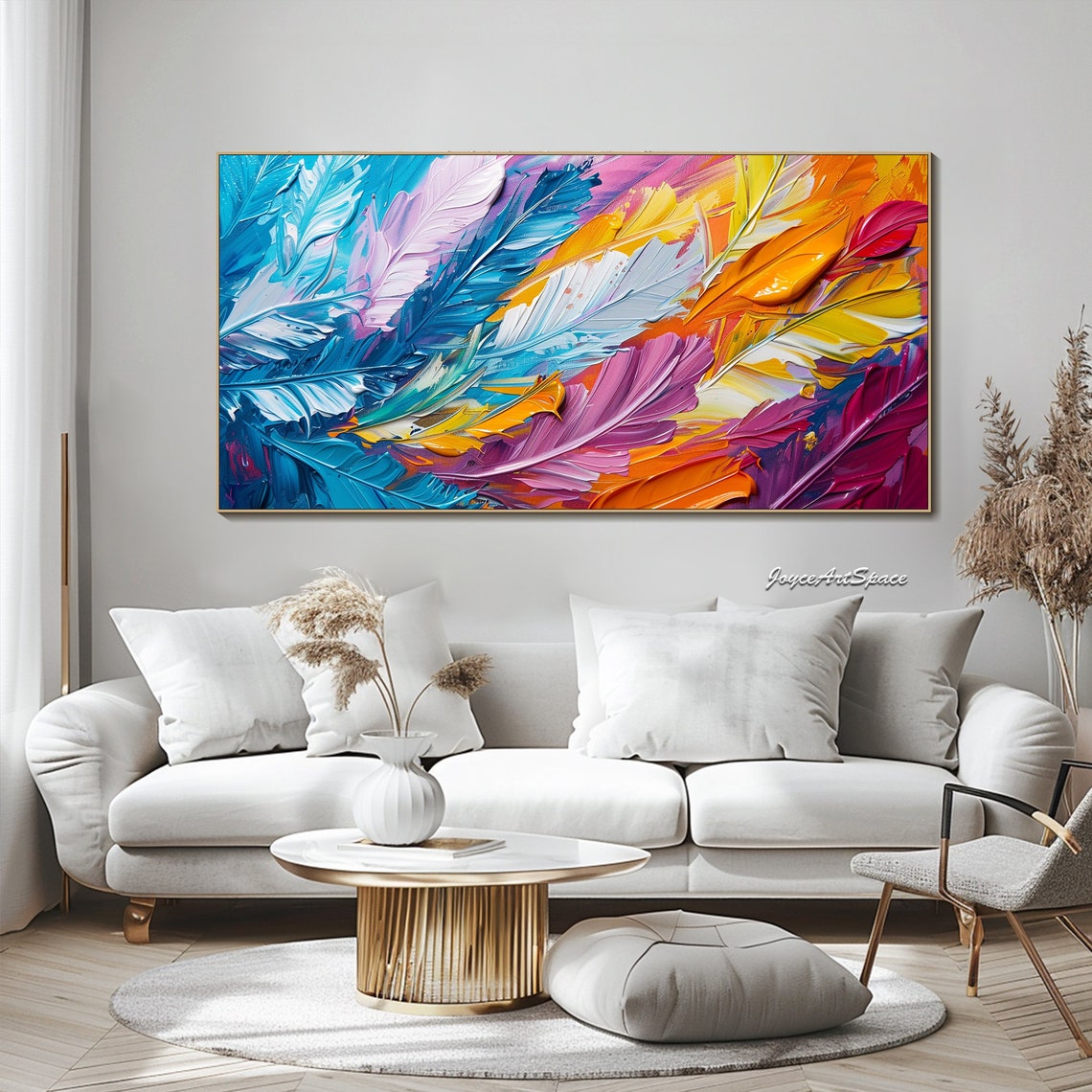 Colorful Feathers Teal Purple Orange 3D Impasto Abstract Wall Art - Image 2