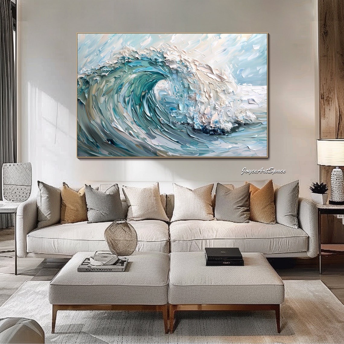 Teal Ocean Wave Curl Impasto Texture Oil Painting Coastal Wall Art - Image 2