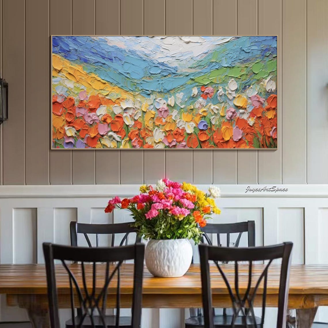 Colorful Wildflower Meadow Blue Sky 3D Impasto Landscape Wall Art - Image 4