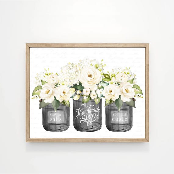 White Floral Bouquet Trio, Bathroom Wall Art Print