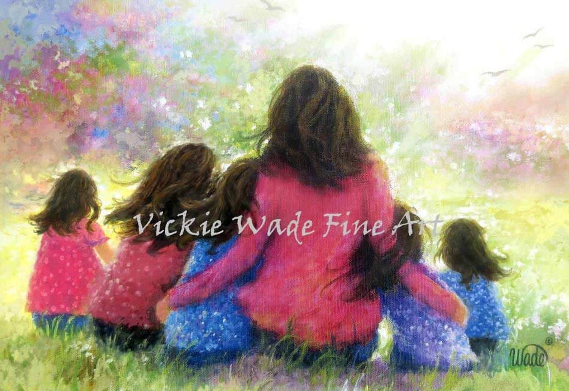 Mother Lovingly Hugging Five Daughters in a Flower Garden Poster