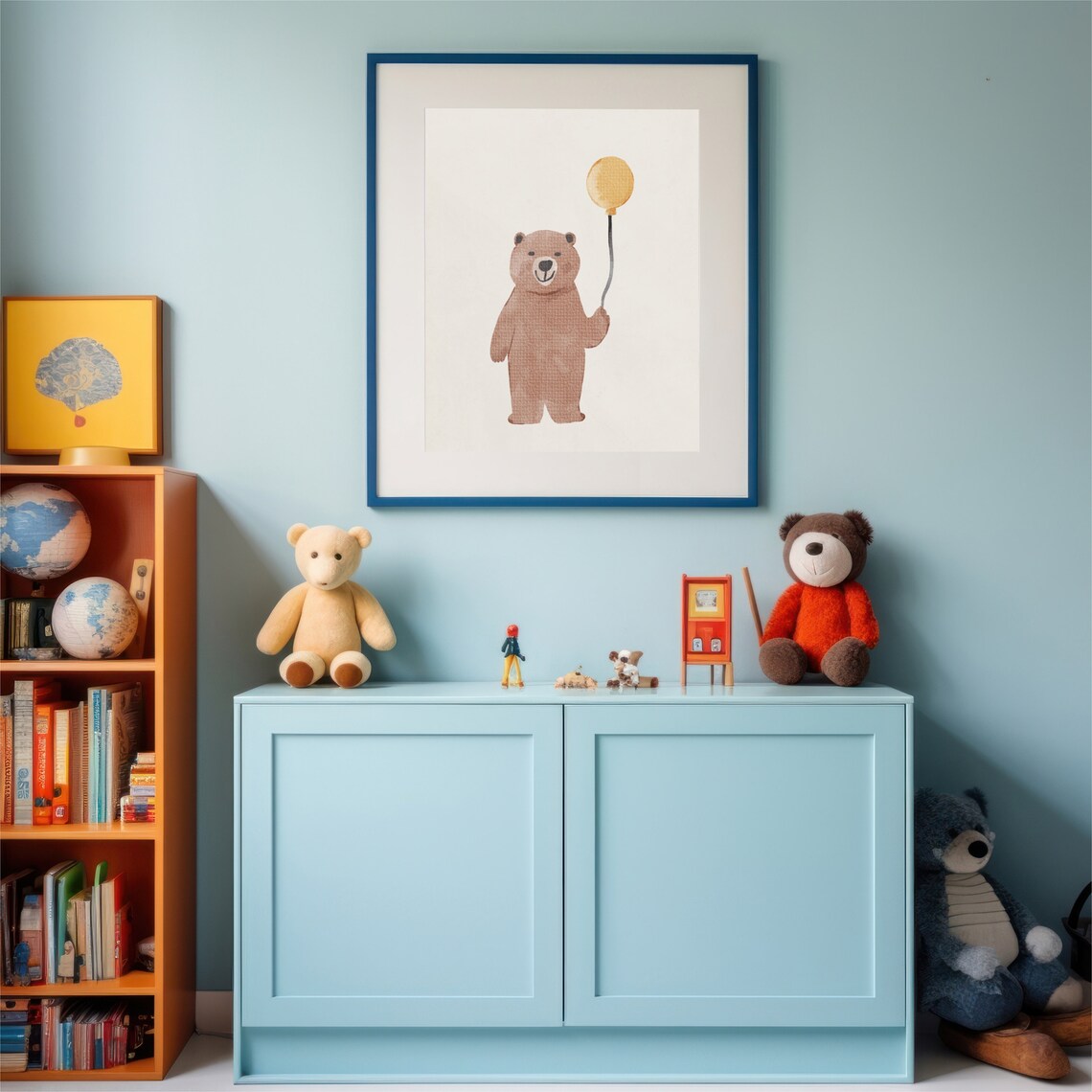 Cute Watercolor Bear Balloon Nursery Kids Bedroom Wall Poster