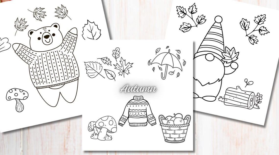 Autumn Fall Coloring Pages Bear Gnome Cozy Kids Activity Poster - Image 2
