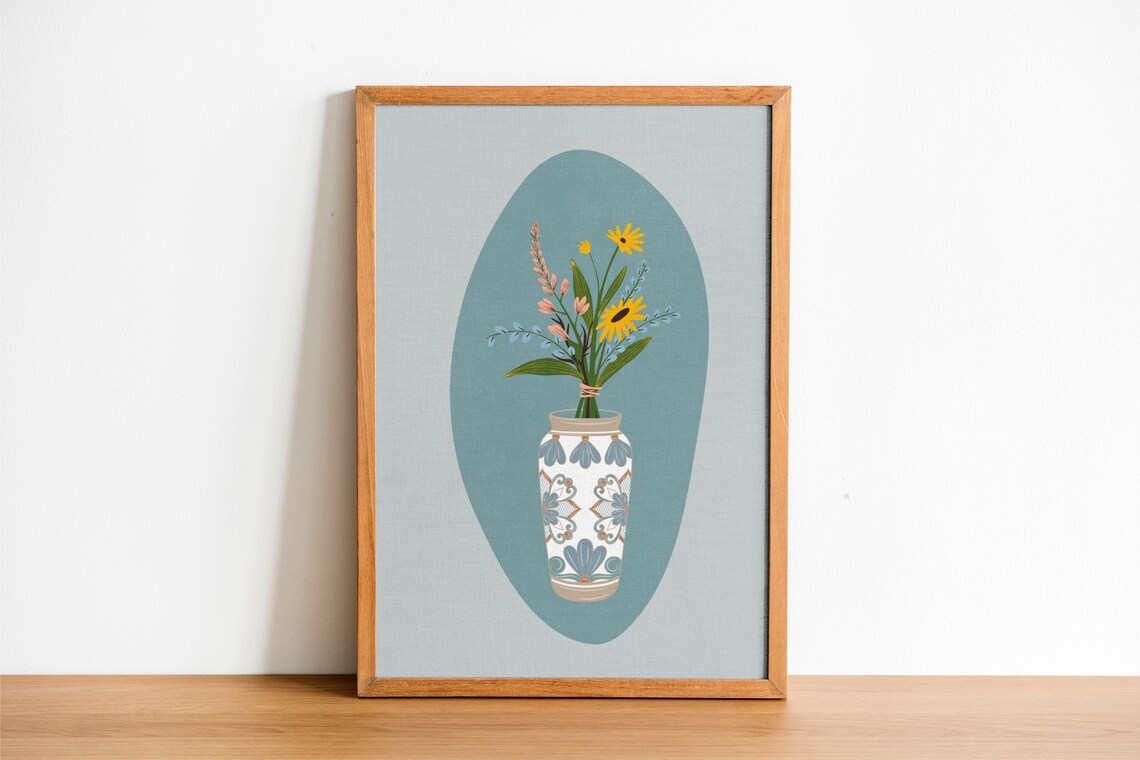 Sage Green Botanical Vase Wildflower Bouquet Patterned Vessel Poster