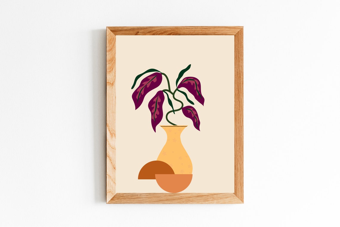 Boho Botanical Vase Burgundy Leaf Yellow Vessel Cream Neutral Poster