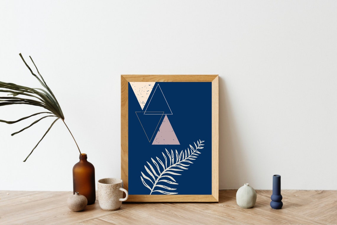 Navy Blue Geometric Triangles White Fern Mid Century Modern Art Print - Image 2