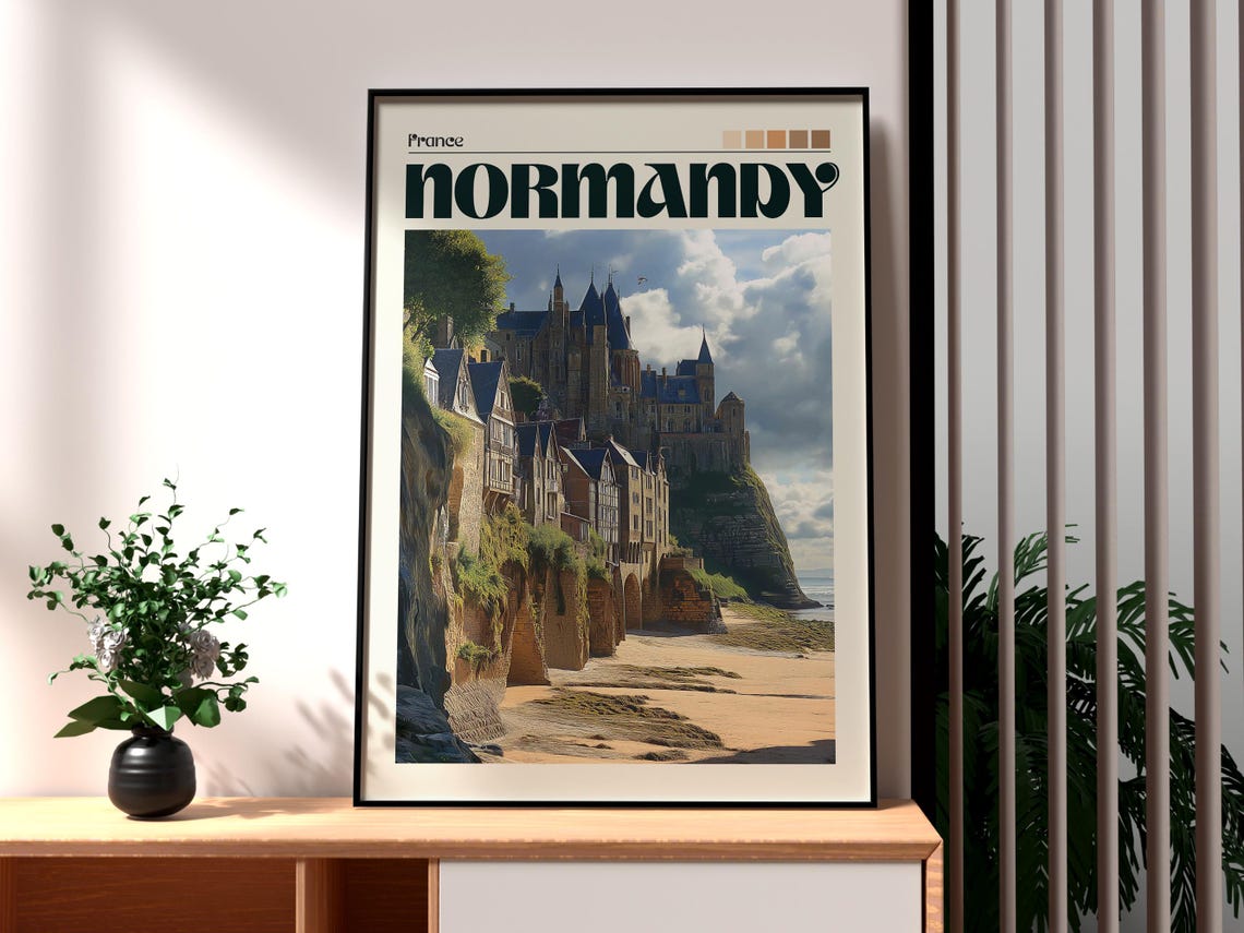 Normandy France Mont Saint Michel Abbey Cliffside Travel Poster