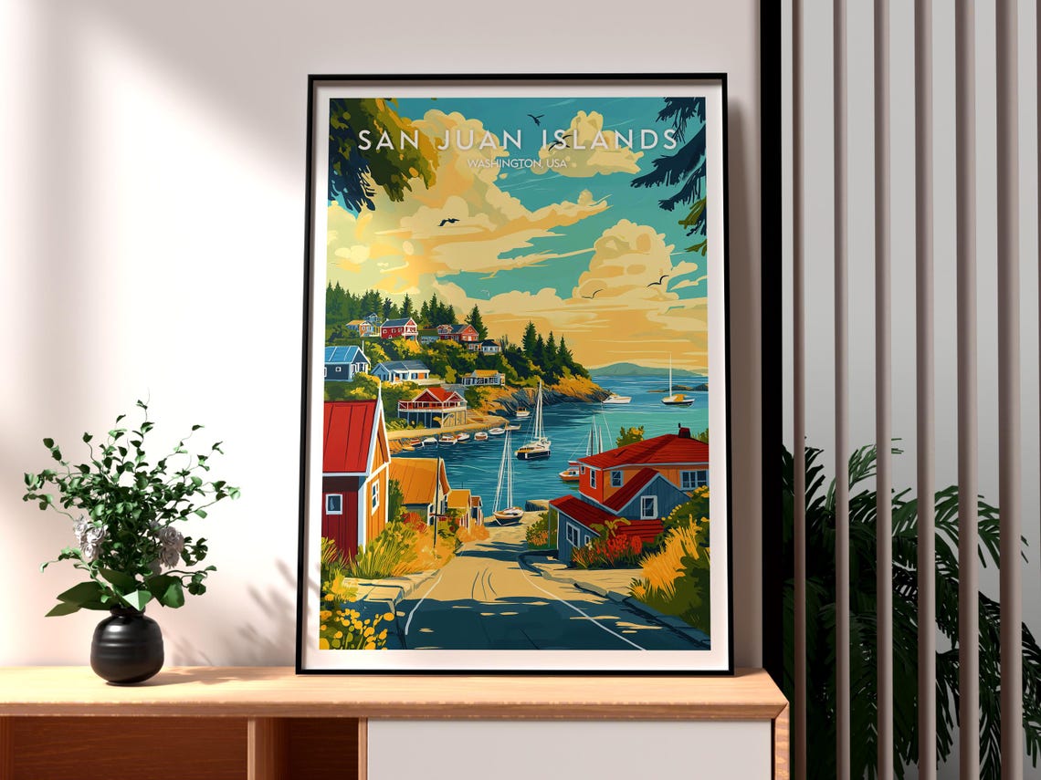 San Juan Islands Washington Sunset Harbor Vintage Travel Poster