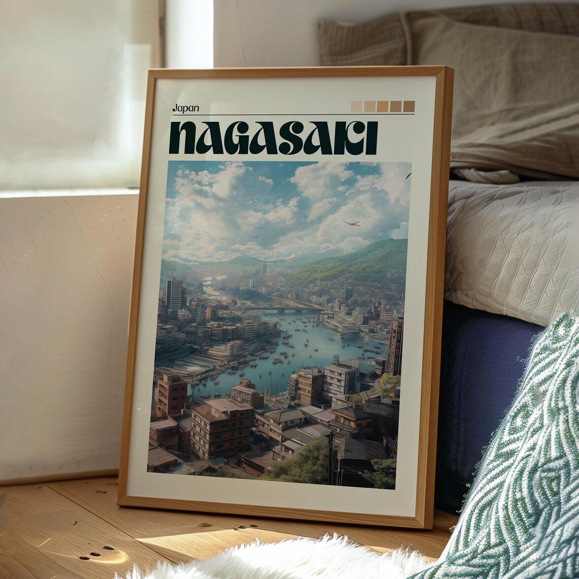 Nagasaki Japan Harbor City Aerial Bay Boats Mountains Travel Poster - Image 3