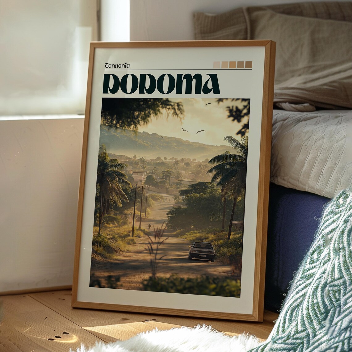 Dodoma Tanzania Savanna Road Palms Golden Sunrise Travel Poster - Image 3