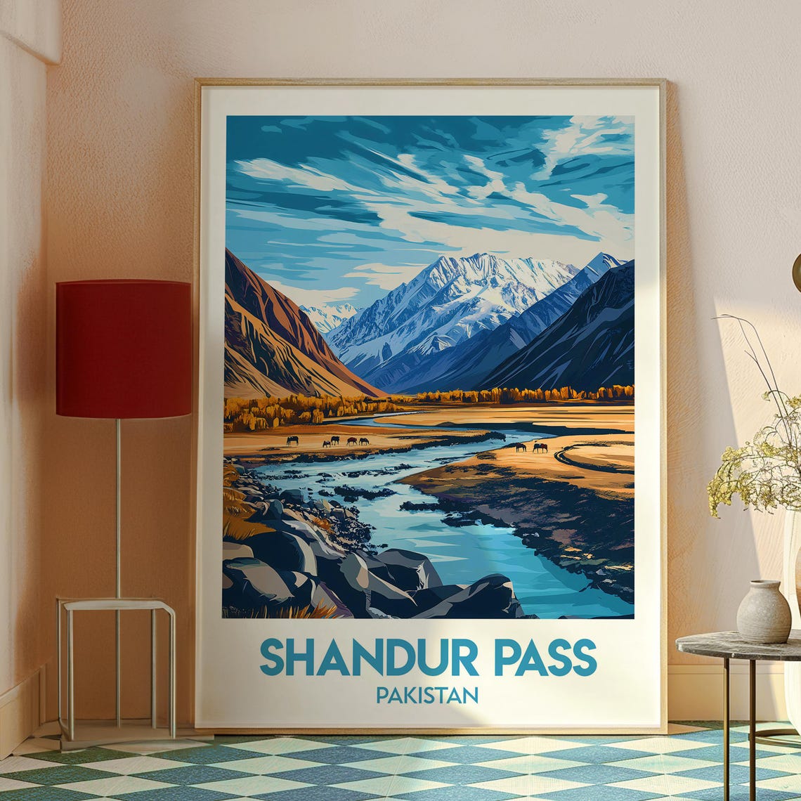 Shandur Pass Pakistan Mountain River Horses Valley Travel Poster - Image 2