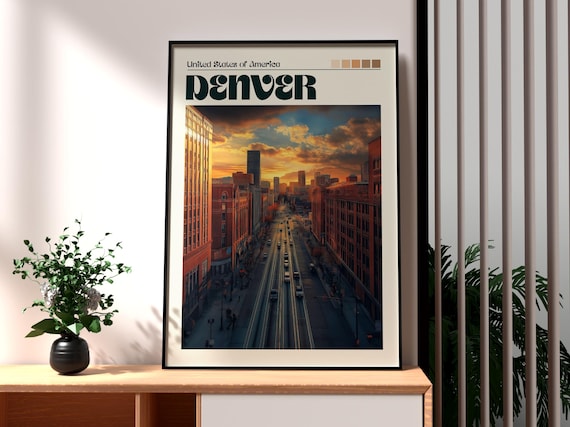 Denver Colorado Mile High City Street Sunset Skyline Travel Poster