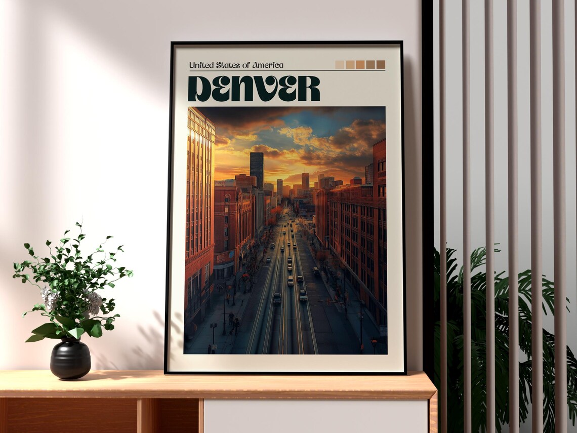 Denver Colorado Mile High City Street Sunset Skyline Travel Poster