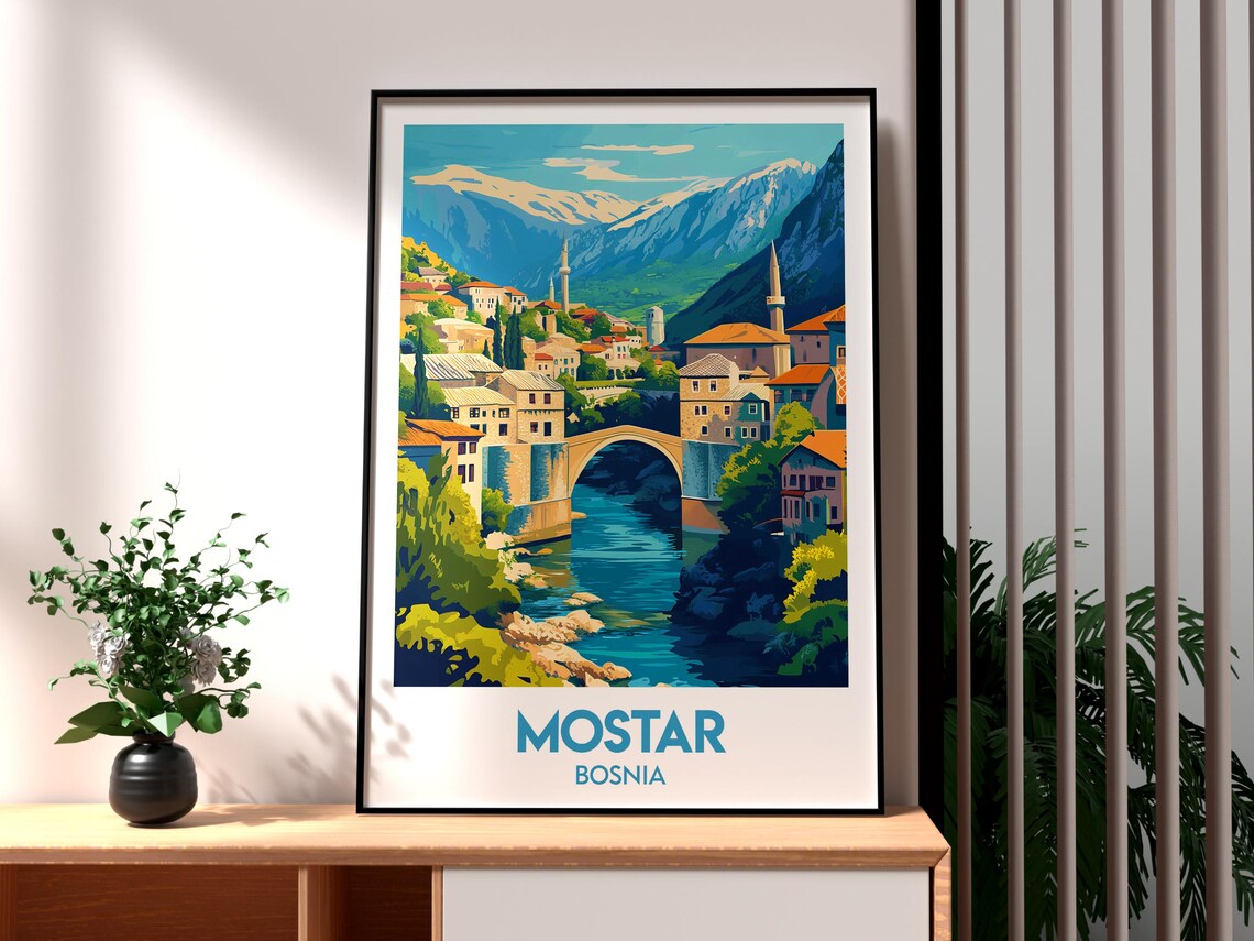 Mostar Bosnia Stari Most Bridge Neretva River Vintage Travel Poster