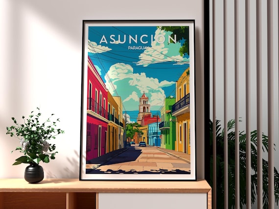 Asuncion Paraguay Historic Street Church Tower Travel Poster