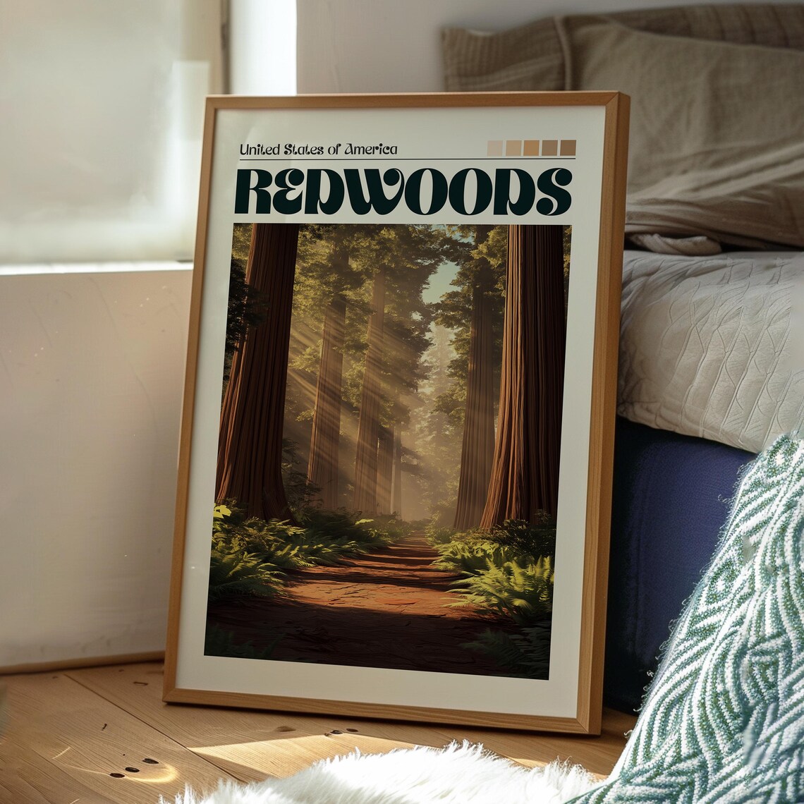 Redwoods USA Ancient Giant Forest Trail Sunbeams Travel Poster - Image 3