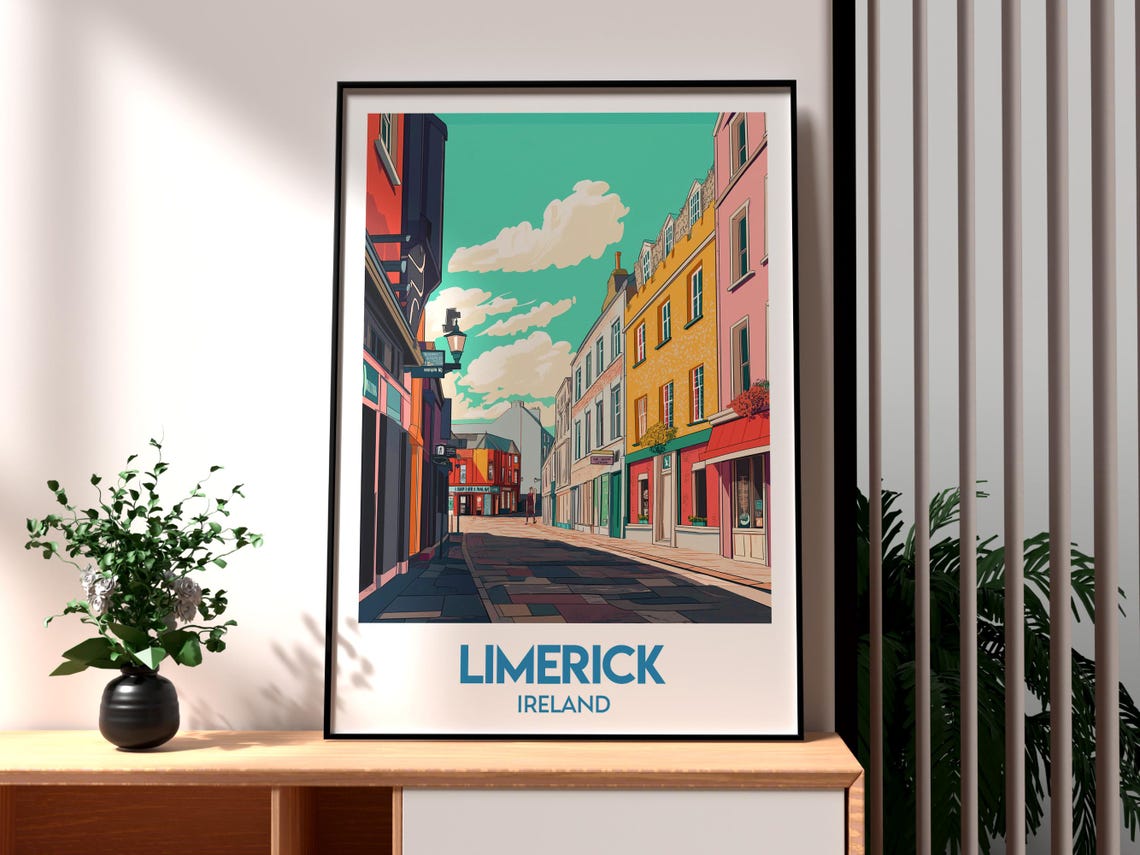 Limerick Ireland Colorful Storefronts Cobblestone Street Travel Poster