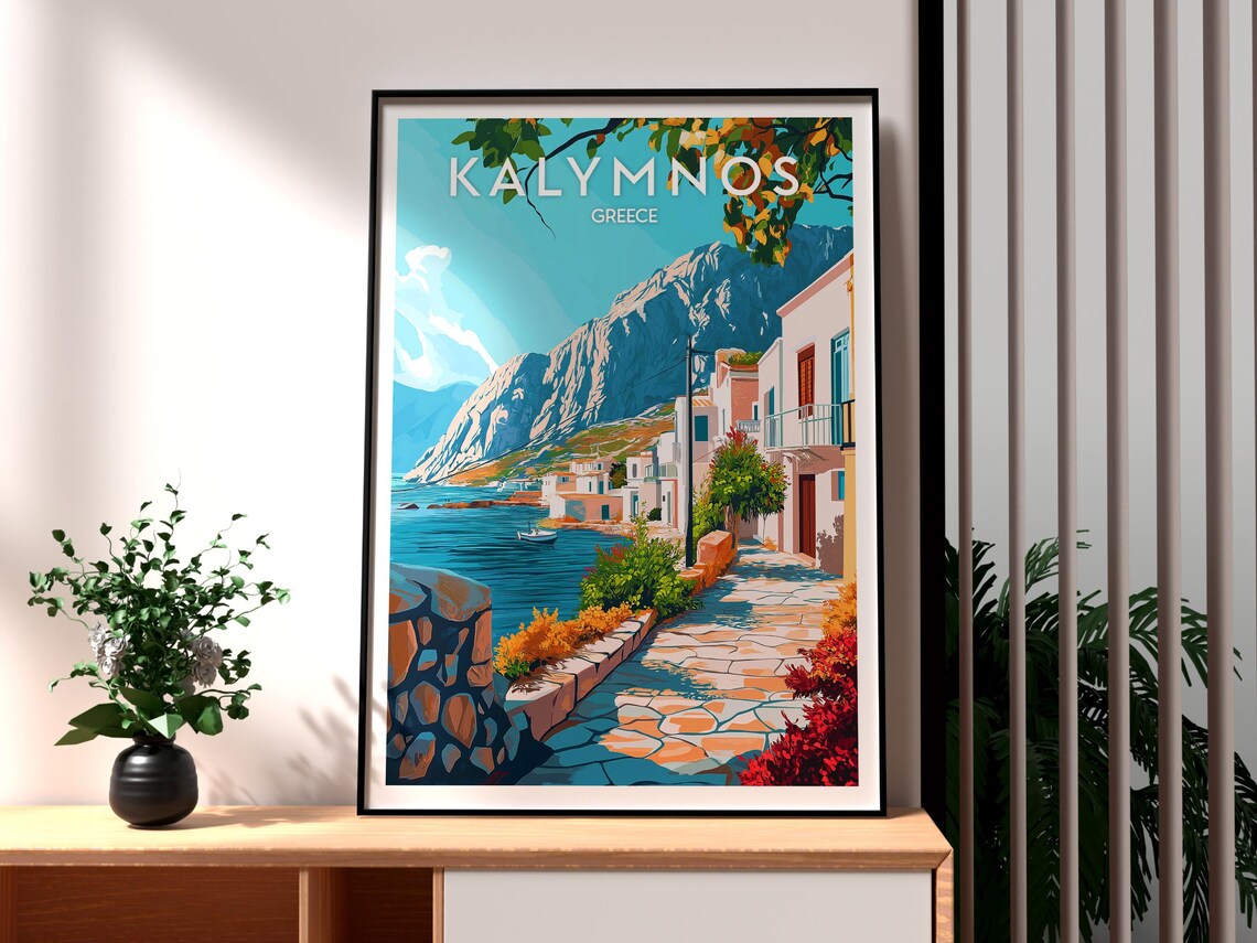 Kalymnos Greece Seaside Promenade Mountain Coast Aegean Poster