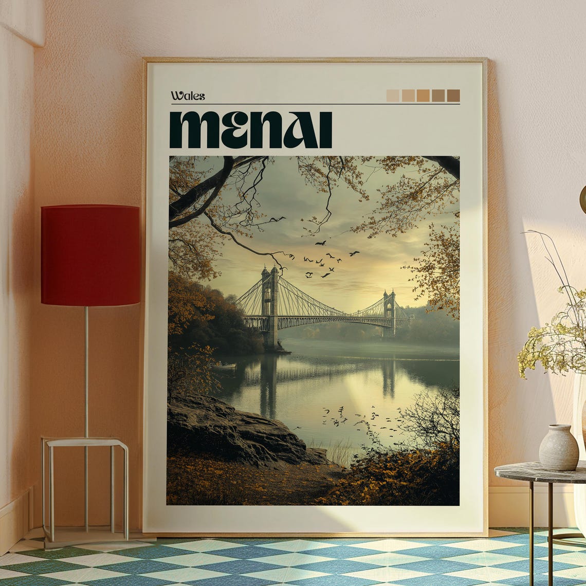 Menai Wales Suspension Bridge Strait Sunset Birds Art Poster - Image 2
