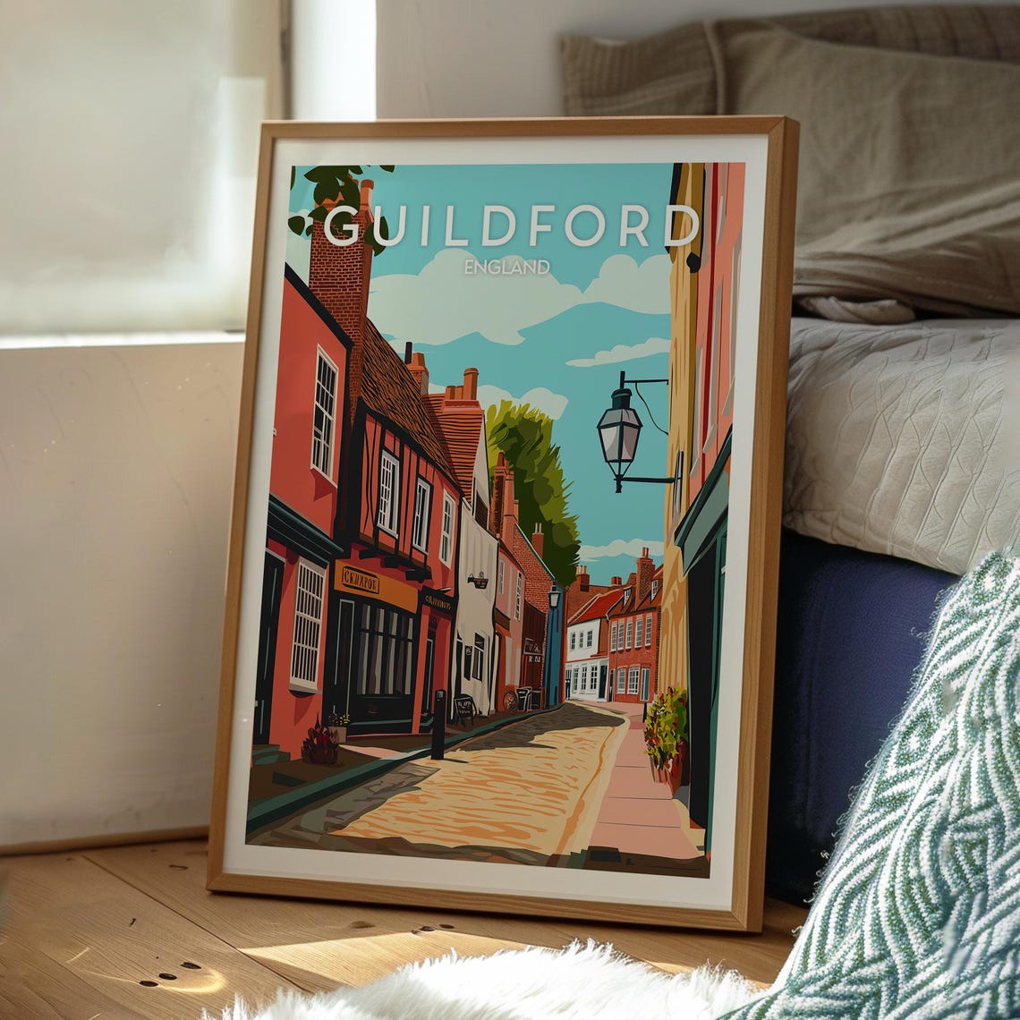 Guildford England Historic Brick High Street Scene Travel Poster - Image 3