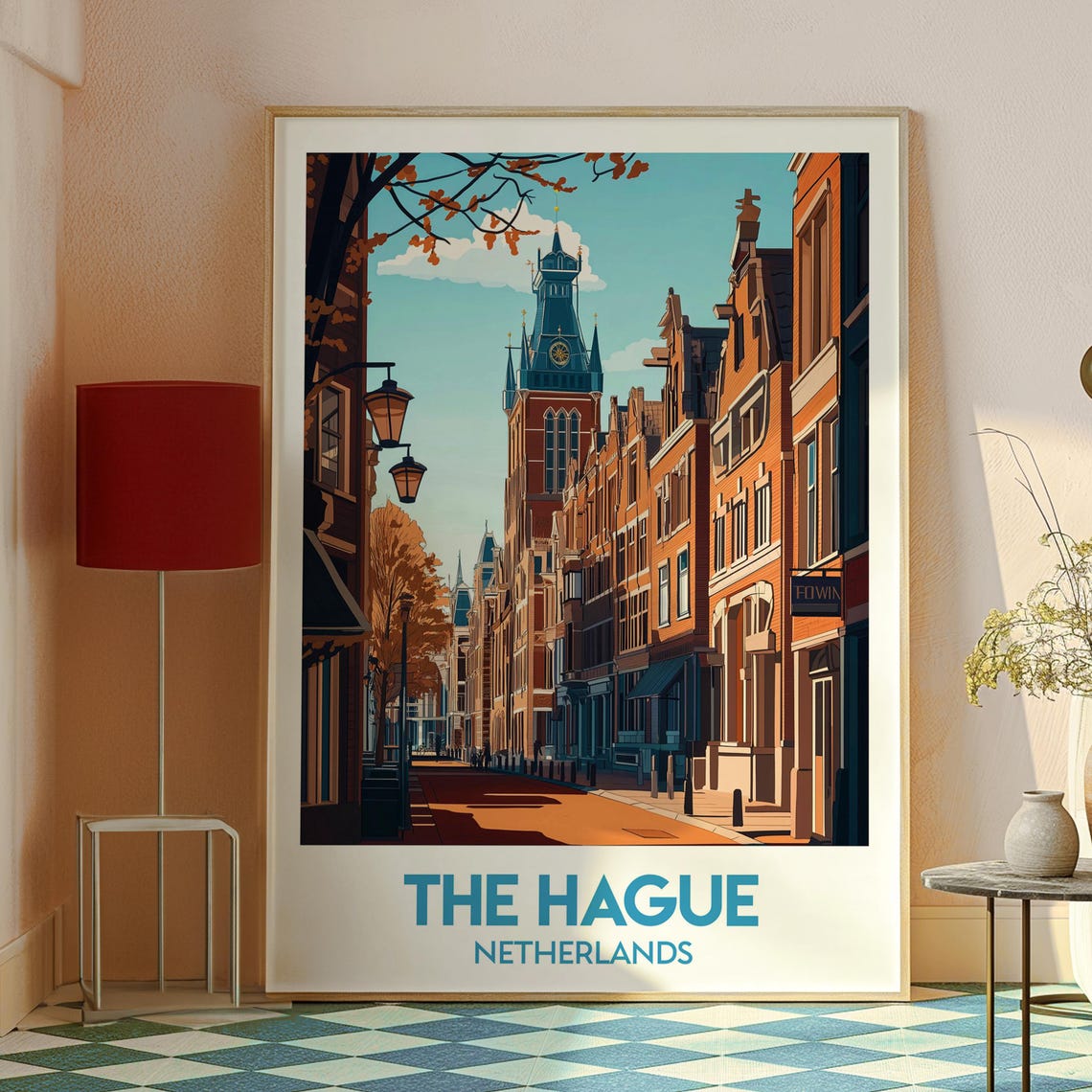 The Hague Netherlands Historic Brick Street Tower Travel Poster - Image 2