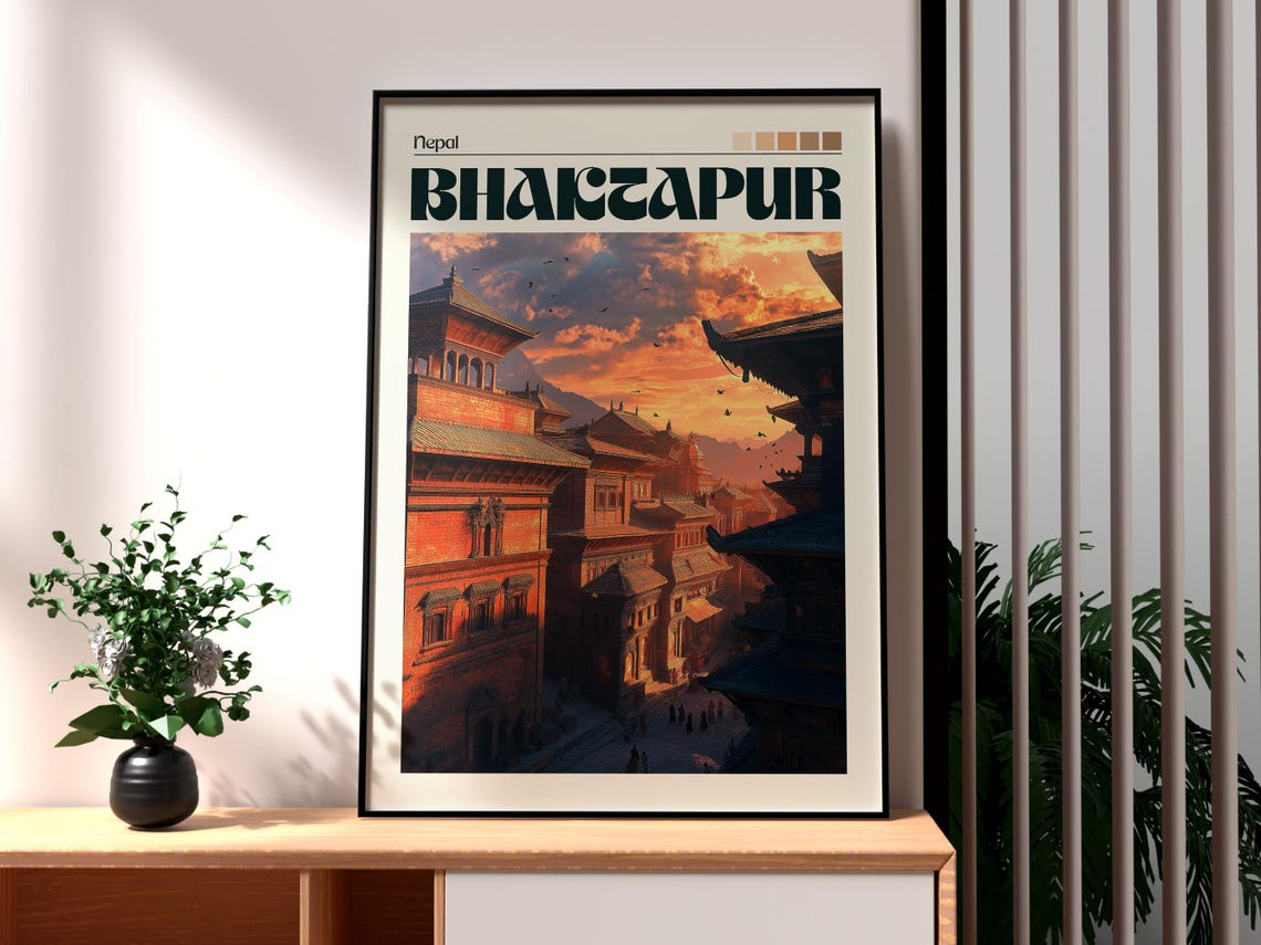 Bhaktapur Nepal Ancient Temple Square Sunset Sky Travel Poster