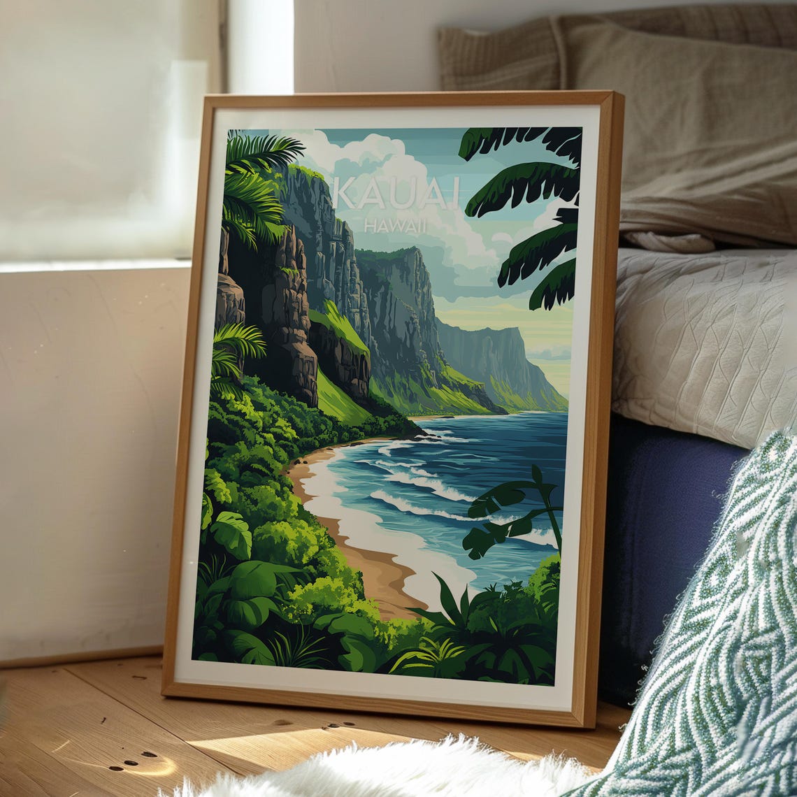 Kauai Hawaii Na Pali Style Cliffs Ocean Beach Illustration Poster - Image 3