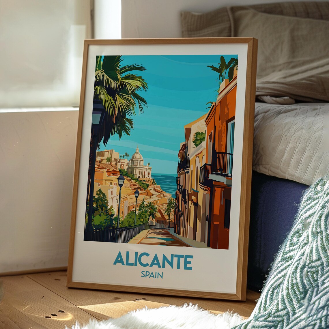 Alicante Spain Old Town Street Church Dome Sea View Travel Poster - Image 3