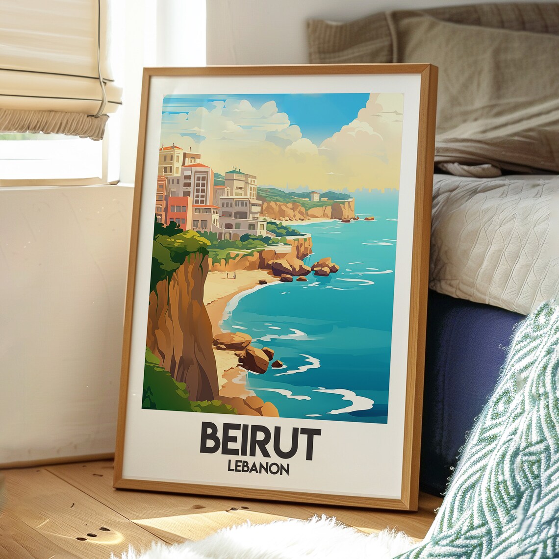 Beirut Lebanon Coastal Cliffs Turquoise Sea Illustration Art Poster - Image 3