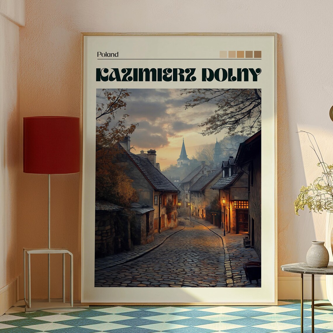 Kazimierz Dolny Poland Cobblestone Street Dusk Vintage Poster - Image 2